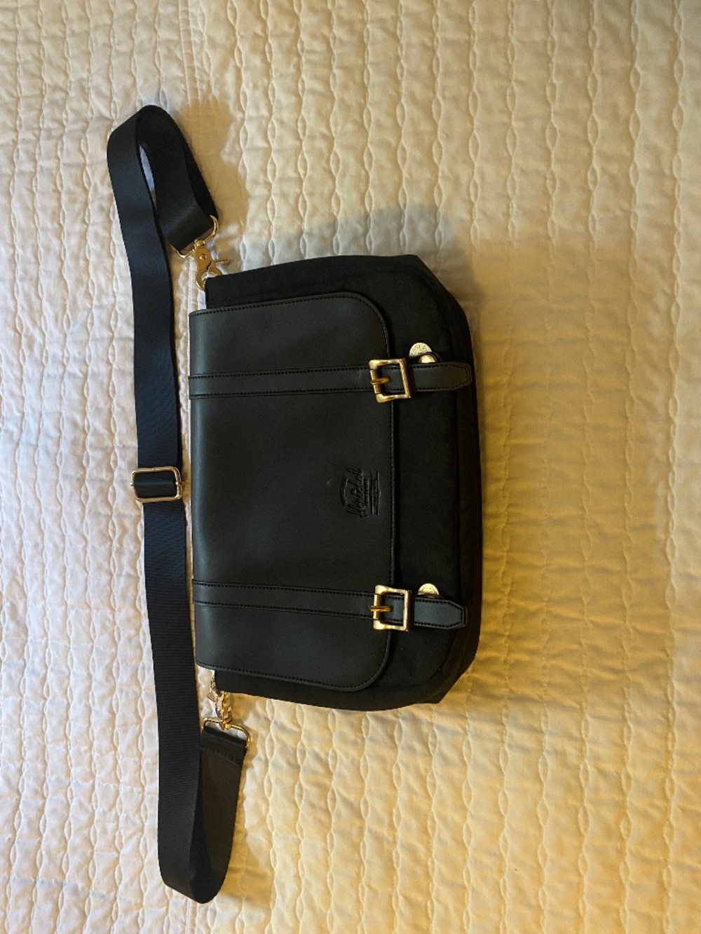 Herschel Black Messenger Crossbody Bag Gold Hardware Minimalist Style